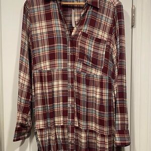 LOFT Plaid Shirt Dress - Burgundy and Cream